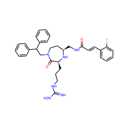 N=C(N)NCCC[C@@H]1N[C@H](CNC(=O)/C=C/c2ccccc2F)CCN(CC(c2ccccc2)c2ccccc2)C1=O ZINC000118685361