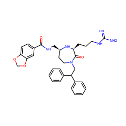 N=C(N)NCCC[C@@H]1N[C@H](CNC(=O)c2ccc3c(c2)OCO3)CCN(CC(c2ccccc2)c2ccccc2)C1=O ZINC000118697878