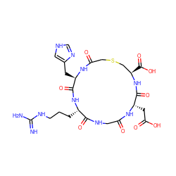 N=C(N)NCCC[C@@H]1NC(=O)[C@@H](Cc2c[nH]cn2)NC(=O)CSC[C@@H](C(=O)O)NC(=O)[C@H](CC(=O)O)NC(=O)CNC1=O ZINC000026176951