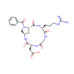 N=C(N)NCCC[C@@H]1NC(=O)[C@@H]2C[C@H](CN2C(=O)c2ccccc2)NC(=O)[C@H](CC(=O)O)NC(=O)CNC1=O ZINC000029133148