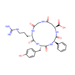 N=C(N)NCCC[C@@H]1NC(=O)CNC(=O)C[C@@H](C(=O)O)NC(=O)[C@@H](c2ccccc2)NC(=O)[C@H](Cc2ccc(O)cc2)NC1=O ZINC000095586136