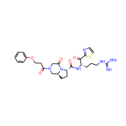 N=C(N)NCCC[C@H](NC(=O)[C@@H]1CC[C@H]2CN(C(=O)CCOc3ccccc3)CC(=O)N21)C(=O)c1nccs1 ZINC000026958437