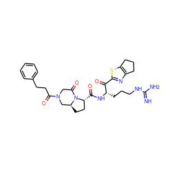 N=C(N)NCCC[C@H](NC(=O)[C@@H]1CC[C@H]2CN(C(=O)CCc3ccccc3)CC(=O)N21)C(=O)c1nc2c(s1)CCC2 ZINC000027981469