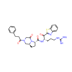 N=C(N)NCCC[C@H](NC(=O)[C@@H]1CC[C@H]2CN(C(=O)CCc3ccccc3)CC(=O)N21)C(=O)c1nc2ccccc2s1 ZINC000027896625