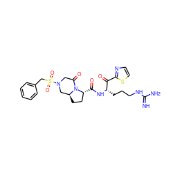 N=C(N)NCCC[C@H](NC(=O)[C@@H]1CC[C@H]2CN(S(=O)(=O)Cc3ccccc3)CC(=O)N21)C(=O)c1nccs1 ZINC000029125181