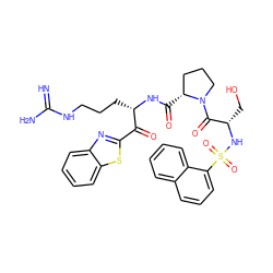 N=C(N)NCCC[C@H](NC(=O)[C@@H]1CCCN1C(=O)[C@H](CO)NS(=O)(=O)c1cccc2ccccc12)C(=O)c1nc2ccccc2s1 ZINC000003979585