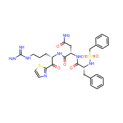 N=C(N)NCCC[C@H](NC(=O)[C@H](CC(N)=O)NC(=O)[C@@H](Cc1ccccc1)NS(=O)(=O)Cc1ccccc1)C(=O)c1nccs1 ZINC000026397483