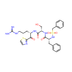 N=C(N)NCCC[C@H](NC(=O)[C@H](CO)NC(=O)[C@@H](Cc1ccccc1)NS(=O)(=O)Cc1ccccc1)C(=O)c1nccs1 ZINC000027318635