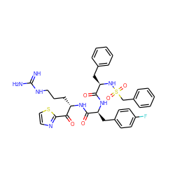 N=C(N)NCCC[C@H](NC(=O)[C@H](Cc1ccc(F)cc1)NC(=O)[C@@H](Cc1ccccc1)NS(=O)(=O)Cc1ccccc1)C(=O)c1nccs1 ZINC000027407416