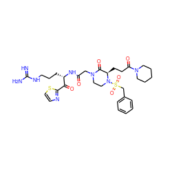 N=C(N)NCCC[C@H](NC(=O)CN1CCN(S(=O)(=O)Cc2ccccc2)[C@H](CCC(=O)N2CCCCC2)C1=O)C(=O)c1nccs1 ZINC000027765306