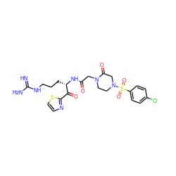 N=C(N)NCCC[C@H](NC(=O)CN1CCN(S(=O)(=O)c2ccc(Cl)cc2)CC1=O)C(=O)c1nccs1 ZINC000029125652