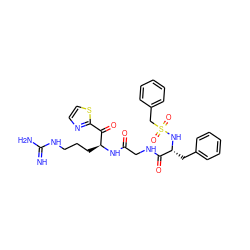 N=C(N)NCCC[C@H](NC(=O)CNC(=O)[C@@H](Cc1ccccc1)NS(=O)(=O)Cc1ccccc1)C(=O)c1nccs1 ZINC000027852816