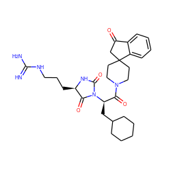 N=C(N)NCCC[C@H]1NC(=O)N([C@H](CC2CCCCC2)C(=O)N2CCC3(CC2)CC(=O)c2ccccc23)C1=O ZINC000026270439