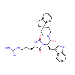 N=C(N)NCCC[C@H]1NC(=O)N([C@H](Cc2c[nH]c3ccccc23)C(=O)N2CCC3(CCc4ccccc43)CC2)C1=O ZINC000026274277