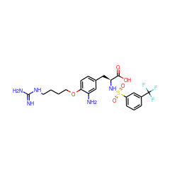 N=C(N)NCCCCOc1ccc(C[C@H](NS(=O)(=O)c2cccc(C(F)(F)F)c2)C(=O)O)cc1N ZINC000045319395