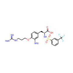 N=C(N)NCCCOc1ccc(C[C@H](NS(=O)(=O)c2cccc(C(F)(F)F)c2)C(=O)O)cc1N ZINC000045315771