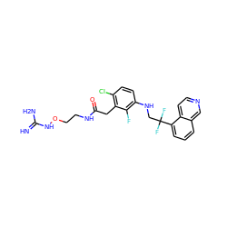 N=C(N)NOCCNC(=O)Cc1c(Cl)ccc(NCC(F)(F)c2cccc3cnccc23)c1F ZINC000028956079