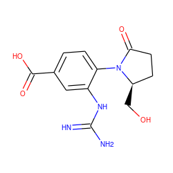 N=C(N)Nc1cc(C(=O)O)ccc1N1C(=O)CC[C@H]1CO ZINC000003597307