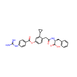 N=C(N)Nc1ccc(C(=O)Oc2ccc(CC(=O)N[C@@H](Cc3ccccc3)C(=O)O)c(C3CC3)c2)cc1 ZINC001772608152