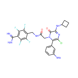 N=C(N)c1c(F)c(F)c(CNC(=O)Cn2c(-c3cccc(N)c3)c(Cl)nc(NC3CCC3)c2=O)c(F)c1F ZINC000028707625