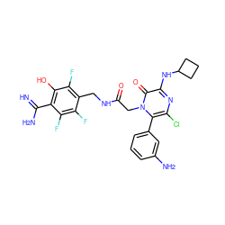 N=C(N)c1c(O)c(F)c(CNC(=O)Cn2c(-c3cccc(N)c3)c(Cl)nc(NC3CCC3)c2=O)c(F)c1F ZINC000028707623