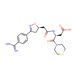 N=C(N)c1ccc(C2=NO[C@@H](CC(=O)N[C@@H](CC(=O)O)C(=O)N3CCSCC3)C2)cc1 ZINC000013763238