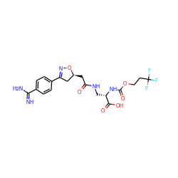 N=C(N)c1ccc(C2=NO[C@@H](CC(=O)NC[C@H](NC(=O)OCCC(F)(F)F)C(=O)O)C2)cc1 ZINC000026169533