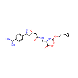 N=C(N)c1ccc(C2=NO[C@@H](CC(=O)NC[C@H](NC(=O)OCCC3CC3)C(=O)O)C2)cc1 ZINC000013763373