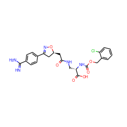 N=C(N)c1ccc(C2=NO[C@@H](CC(=O)NC[C@H](NC(=O)OCc3ccccc3Cl)C(=O)O)C2)cc1 ZINC000013763385