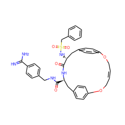 N=C(N)c1ccc(CNC(=O)[C@@H]2Cc3ccc(cc3)OCC=CCOc3ccc(cc3)C[C@@H](NS(=O)(=O)Cc3ccccc3)C(=O)N2)cc1 ZINC000261187295