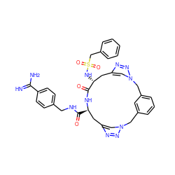 N=C(N)c1ccc(CNC(=O)[C@@H]2Cc3cn(nn3)Cc3cccc(c3)Cn3cc(nn3)C[C@@H](NS(=O)(=O)Cc3ccccc3)C(=O)N2)cc1 ZINC000084596939