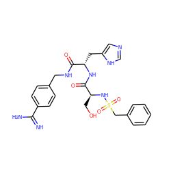 N=C(N)c1ccc(CNC(=O)[C@H](Cc2cnc[nH]2)NC(=O)[C@H](CO)NS(=O)(=O)Cc2ccccc2)cc1 ZINC000096168449