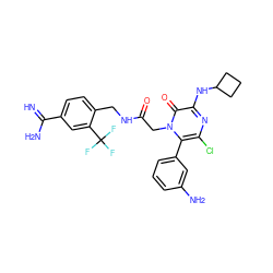 N=C(N)c1ccc(CNC(=O)Cn2c(-c3cccc(N)c3)c(Cl)nc(NC3CCC3)c2=O)c(C(F)(F)F)c1 ZINC000028708062