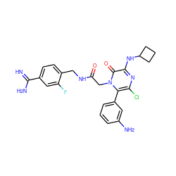 N=C(N)c1ccc(CNC(=O)Cn2c(-c3cccc(N)c3)c(Cl)nc(NC3CCC3)c2=O)c(F)c1 ZINC000001549767