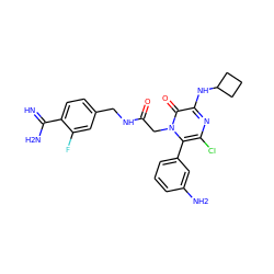 N=C(N)c1ccc(CNC(=O)Cn2c(-c3cccc(N)c3)c(Cl)nc(NC3CCC3)c2=O)cc1F ZINC000001549766