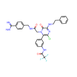 N=C(N)c1ccc(CNC(=O)Cn2c(-c3cccc(NC(=O)C(F)(F)F)c3)c(Cl)nc(NCCc3ccccc3)c2=O)cc1 ZINC000014956029