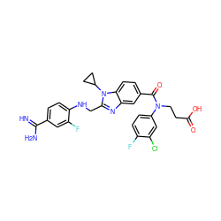 N=C(N)c1ccc(NCc2nc3cc(C(=O)N(CCC(=O)O)c4ccc(F)c(Cl)c4)ccc3n2C2CC2)c(F)c1 ZINC000653795372