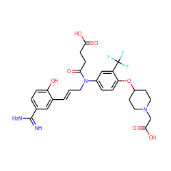 N=C(N)c1ccc(O)c(/C=C/CN(C(=O)CCC(=O)O)c2ccc(OC3CCN(CC(=O)O)CC3)c(C(F)(F)F)c2)c1 ZINC000028760071