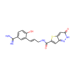 N=C(N)c1ccc(O)c(/C=C/CNC(=O)c2cc3n[nH]c(=O)cc3s2)c1 ZINC000026287592