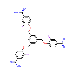 N=C(N)c1ccc(OCc2cc(COc3ccc(C(=N)N)cc3I)cc(COc3ccc(C(=N)N)cc3I)c2)c(I)c1 ZINC000169318691