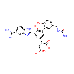 N=C(N)c1ccc2[nH]c(-c3cc([C@@H](CC(=O)O)C(=O)O)cc(-c4cc(CNC(N)=O)ccc4O)c3O)nc2c1 ZINC000016051804