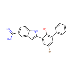 N=C(N)c1ccc2[nH]c(-c3cc(Br)cc(-c4ccccc4)c3O)cc2c1 ZINC000013863703