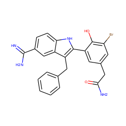 N=C(N)c1ccc2[nH]c(-c3cc(CC(N)=O)cc(Br)c3O)c(Cc3ccccc3)c2c1 ZINC000029472995