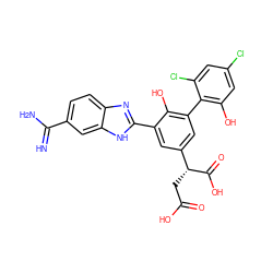 N=C(N)c1ccc2nc(-c3cc([C@@H](CC(=O)O)C(=O)O)cc(-c4c(O)cc(Cl)cc4Cl)c3O)[nH]c2c1 ZINC000014956811