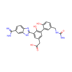 N=C(N)c1ccc2nc(-c3cc(CC(=O)O)cc(-c4cc(CNC(N)=O)ccc4O)c3O)[nH]c2c1 ZINC000034804685