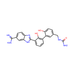 N=C(N)c1ccc2nc(-c3cccc(-c4cc(CNC(N)=O)ccc4O)c3O)[nH]c2c1 ZINC000014956587