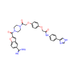 N=C(N)c1ccc2oc(C(=O)N3CCN(C(=O)COc4ccc(OCC(=O)Nc5ccc(-c6c[nH]cn6)cc5)cc4)CC3)cc2c1 ZINC000026974046