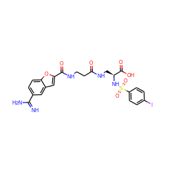 N=C(N)c1ccc2oc(C(=O)NCCC(=O)NC[C@H](NS(=O)(=O)c3ccc(I)cc3)C(=O)O)cc2c1 ZINC000027438775