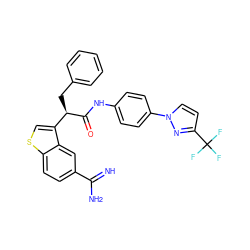 N=C(N)c1ccc2scc([C@@H](Cc3ccccc3)C(=O)Nc3ccc(-n4ccc(C(F)(F)F)n4)cc3)c2c1 ZINC000014951001