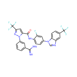 N=C(N)c1cccc(-n2nc(C(F)(F)F)cc2C(=O)Nc2ccc(-n3cnc4cc(C(F)(F)F)ccc43)cc2F)c1 ZINC000014950670